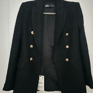 NWT Zara Black Boucle Blazer with Gold Buttons